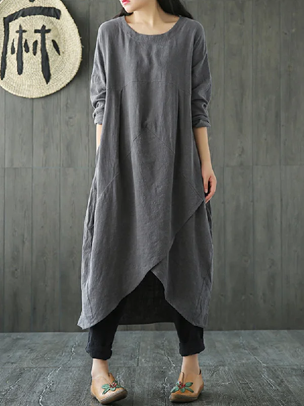 Vintage Pocket Pure Color Irregular Women Maxi Dress Stylish V-Neck Maxi Dress