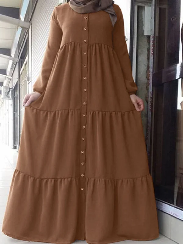 Vintage Pure Color Button Down Front Patchwork Tiered Women Maxi Dress Classic A-Line Maxi Dress Vintage Pure Color Button Down Front Patchwork Tiered Women Maxi Dress Classic A-Line Maxi Dress