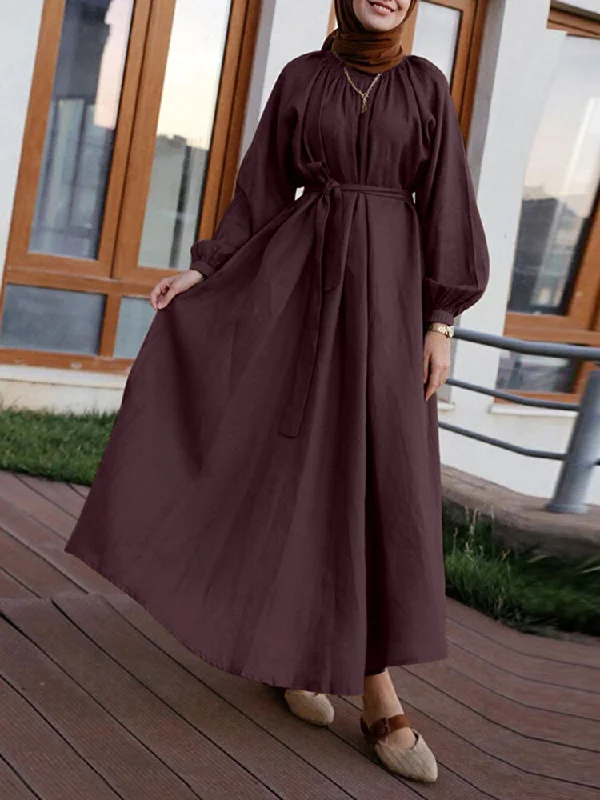 Vintage Pure Color O-neck Lace Up Button Back Long Sleeve Belted Kaftan Women Maxi Dress Trendy Short Sleeve Maxi Dress