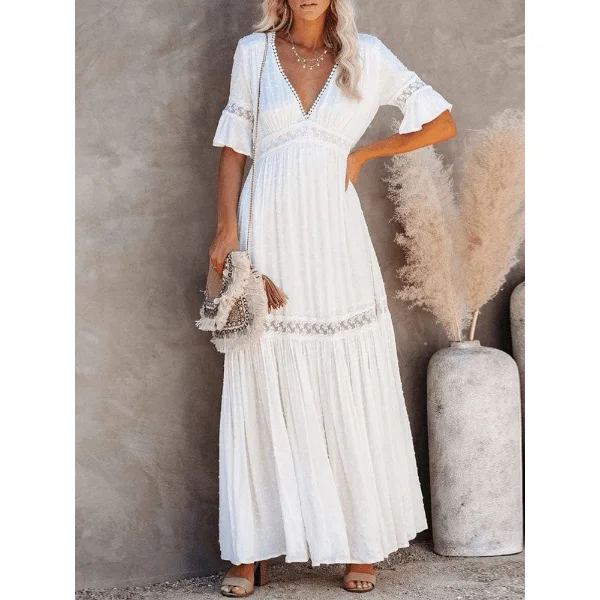 White Lace High Waist Boho Maxi Dress Comfortable Bohemian Maxi Dress