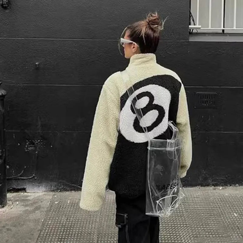 Getadme-Vintage Lamb Fur Coat Women Autumn Winter Oversized Warm Double Sided Lamb Fleece Outwear Black 8 Billiards Print Jacket Notch Collar Jacket Peter Pan Collar Jacket Cowl Neck Jacket