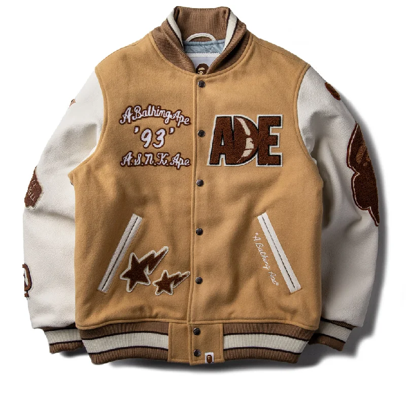 A Bathing Ape Motif Varsity Jacket - Beige Herringbone Jacket Checkered Jacket Solid Jacket