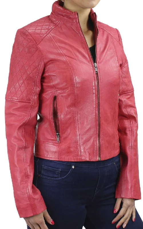Abby Women’s Zip Leather Jacket - Red Collared Jacket Crew Neck Jacket Turtle Neck Jacket