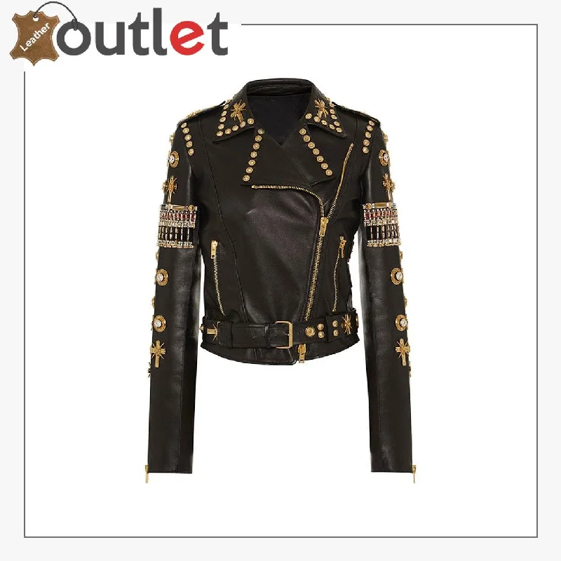 Black & Golden Embroidered Studded Leather Jacket Wool Jacket Cashmere Jacket Tweed Jacket
