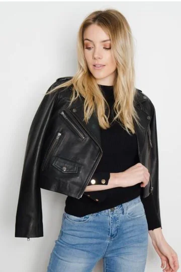 Brooke Crop Leather Jacket for Gorgeous Women Zippered Front Buttoned Front Snap Front