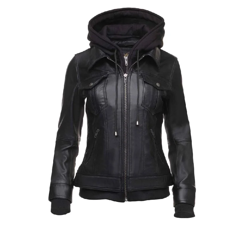 Daphne Black Leather Jacket With Fleece Hoodie Print Jacket Jacquard Jacket Embroidered Jacket Daphne Black Leather Jacket With Fleece Hoodie Print Jacket Jacquard Jacket Embroidered Jacket