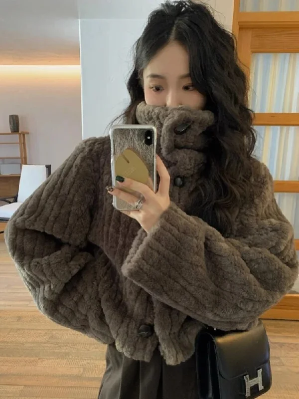 Getadme--town Vintage Faux Fur Cropped Jackets Women Korean Style Fleece Fluffy Short Coats Elegant Thick Warm Outwear Autumn Winter Chenille Jacket Brocade Jacket Lace Jacket
