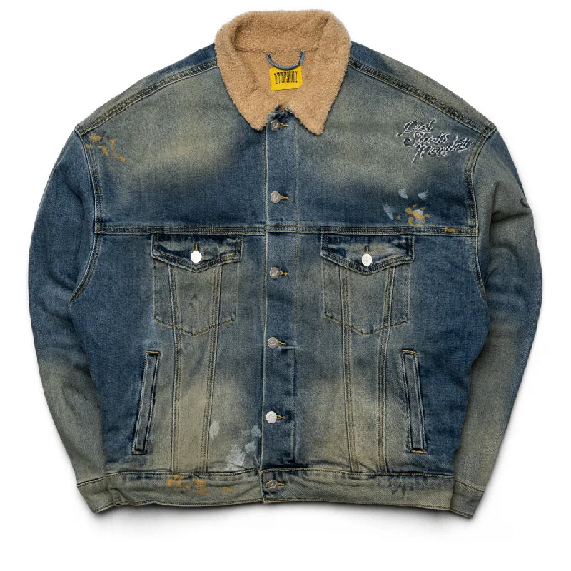 Diet Starts Monday Denim Sherpa Trucker Jacket - Indigo Toggled Jacket Drawstring Jacket Belted Jacket