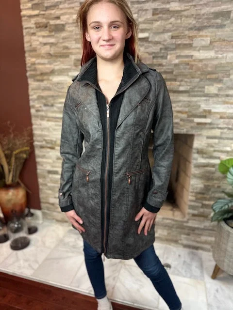 Women's Faux Leather Jacket-BF18254 CHAR/BLK Bomber Jacket Anorak Windbreaker
