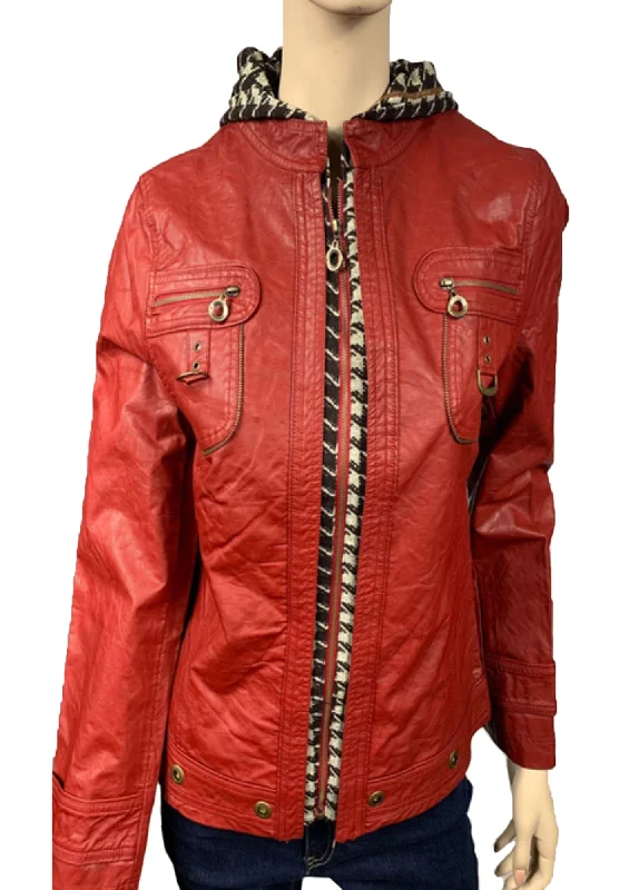 Women's Faux leather jacket with printed hood & front placket-(801111)-RED Boat Neck Shawl Collar Notched Collar Women's Faux leather jacket with printed hood & front placket-(801111)-RED Boat Neck Shawl Collar Notched Collar