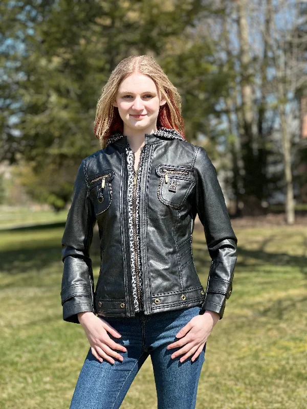 Women's Faux leather jacket with printed hood &front placket-801111-BLK V-Neck Jacket Boat Neck Jacket Square Neck Jacket Women's Faux leather jacket with printed hood &front placket-801111-BLK V-Neck Jacket Boat Neck Jacket Square Neck Jacket