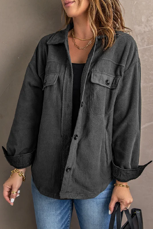Gray Turn Down Collar Buttoned Shirt Jacket Zip Front Button Front Snap Front
