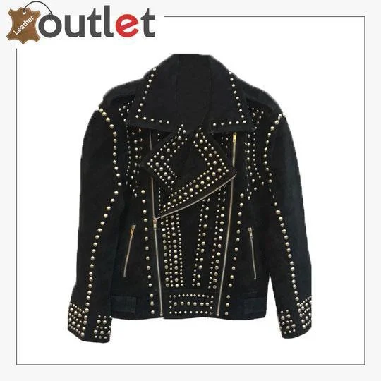 Handmade Womens Black Fashion Golden Studded Punk Style Leather Jacket A-Line Jacket Boat Neck Shawl Collar