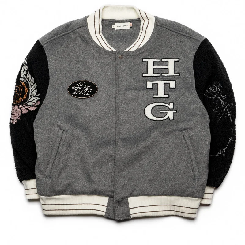 Honor The Gift Letterman Jacket - Grey Satin Jacket Silk Jacket Chiffon Jacket