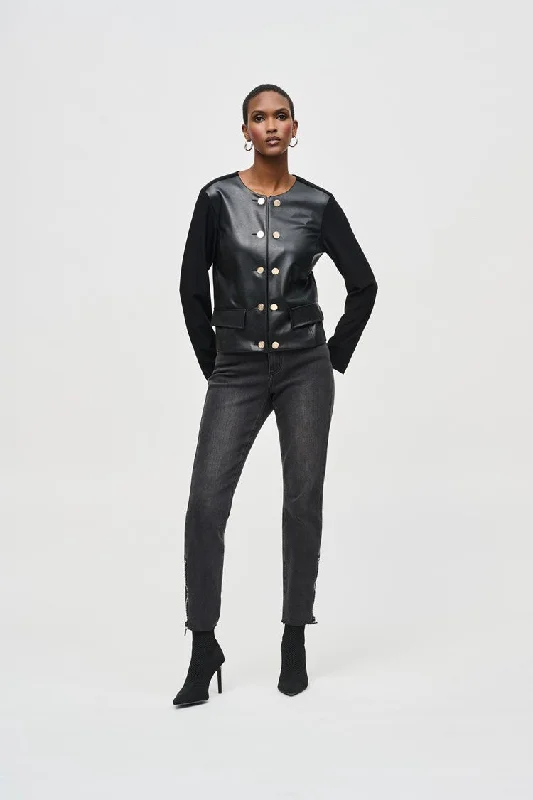 Joseph Ribkoff Black Silky Knit and Leatherette Jacket Jacket Blazer Coat