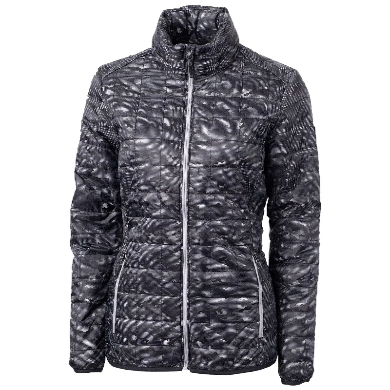Cutter & Buck Women's Black Rainier Primaloft Eco Insulated Full Zip Printed Puffer Jacket Fleece Jacket Down Jacket Parka