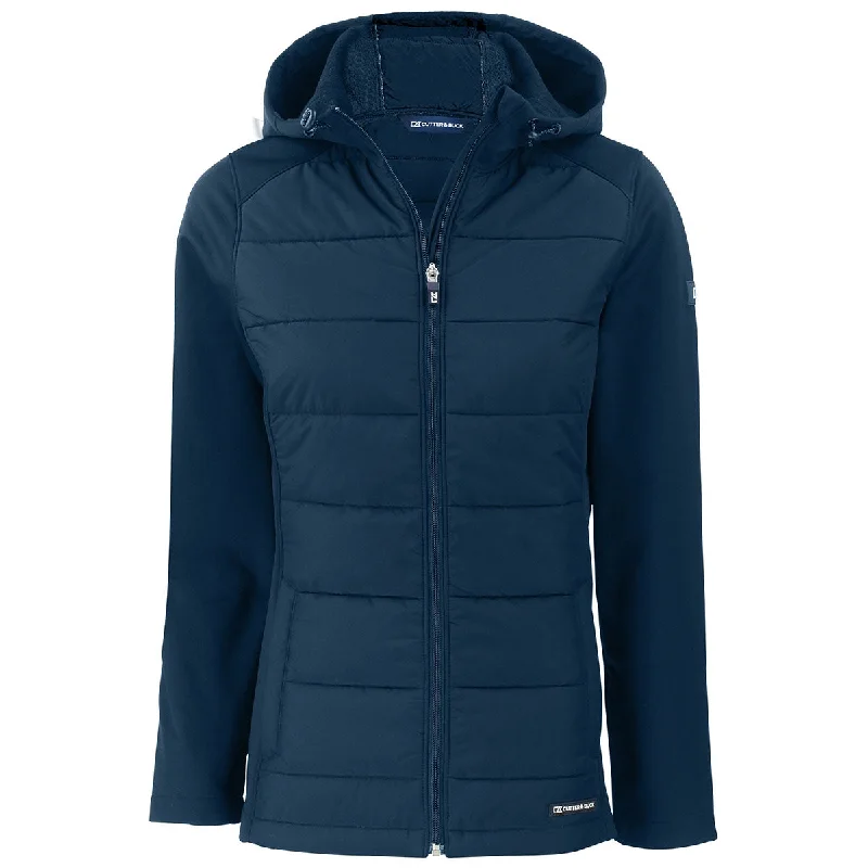 Cutter & Buck Women's Navy Blue Evoke Hybrid Eco Softshell Recycled Full Zip Hooded Jacket Notch Collar Peter Pan Collar Cowl Neck Cutter & Buck Women's Navy Blue Evoke Hybrid Eco Softshell Recycled Full Zip Hooded Jacket Notch Collar Peter Pan Collar Cowl Neck