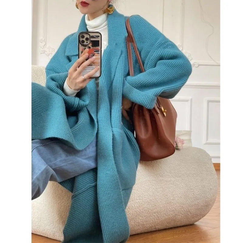 Light Blue Lazy Loose Cardigan for Women Causal Long Sweaters Knitwears Winter Coat Jacket Knit Korean Fashion Jersey Mujer Nylon Jacket Polyester Jacket Spandex Jacket