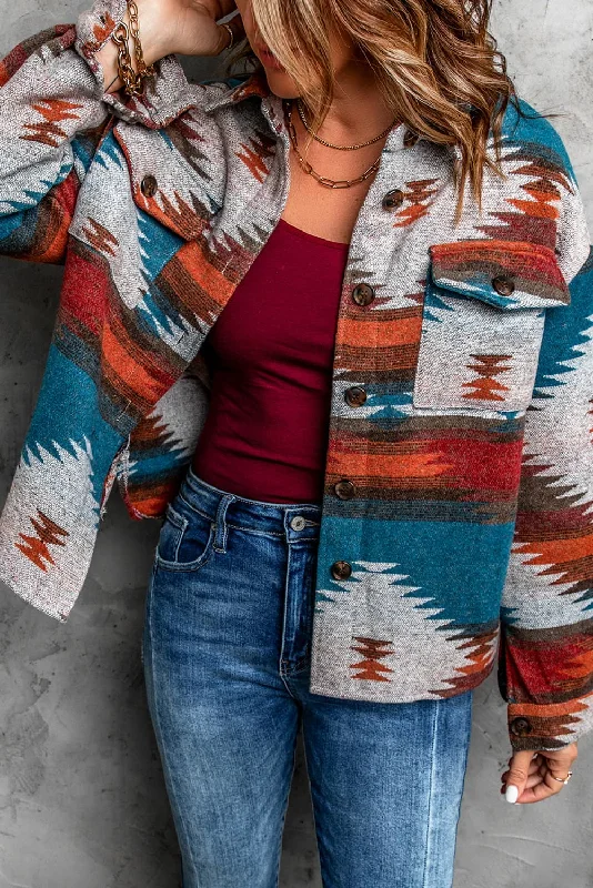Multicolor Aztec Print Lapel Button Shirt Jacket A-Line Jacket Boat Neck Shawl Collar