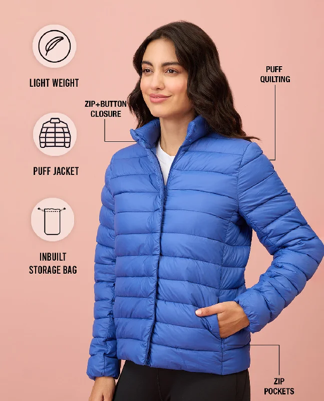 NYKD By Nykaa Ultra Light Weight Puffer Jacket with Inbuilt Bag (Set of 2)-NYAT405-Blue Cotton Fabric Linen Fabric Terry Fabric