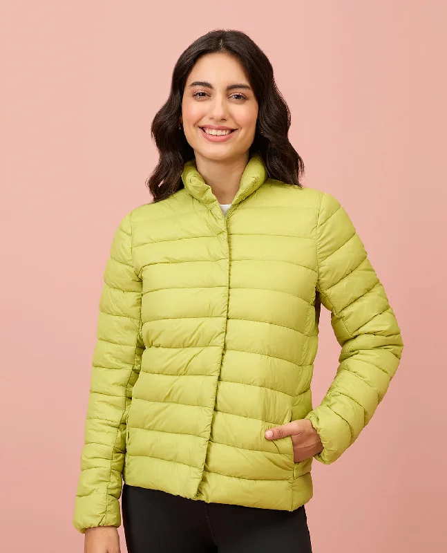 NYKD By Nykaa Ultra Light Weight Puffer Jacket with Inbuilt Bag (Set of 2)-NYAT405-Green Cotton Fabric Linen Fabric Terry Fabric