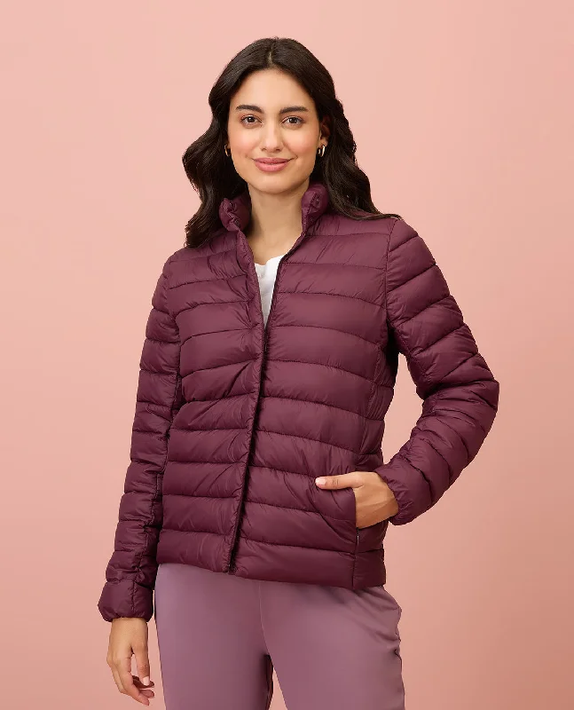 NYKD By Nykaa Ultra Light Weight Puffer Jacket with Inbuilt Bag (Set of 2)-NYAT405-Wine Knit Fabric Woven Fabric Fleece Fabric