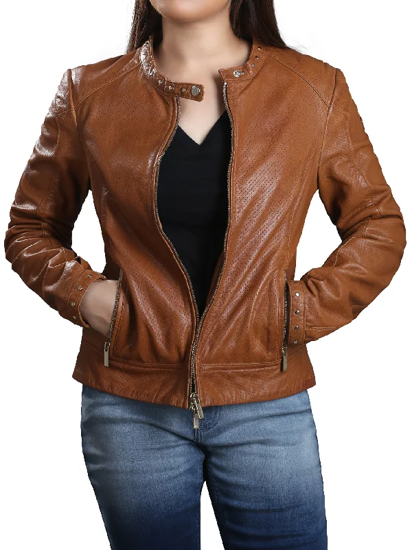 Ofeliya Tan Brown Perforated Leather Motorcycle Jacket Boat Neck Shawl Collar Notched Collar
