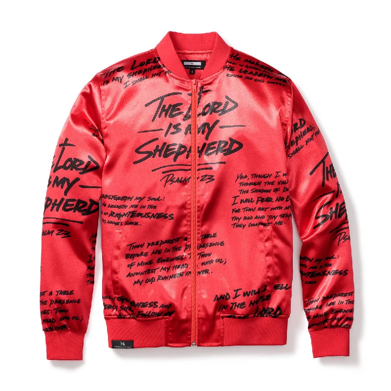 Psalm 23 Bomber Jacket - Satin Red Belted Jacket Elasticated Jacket Padded Jacket