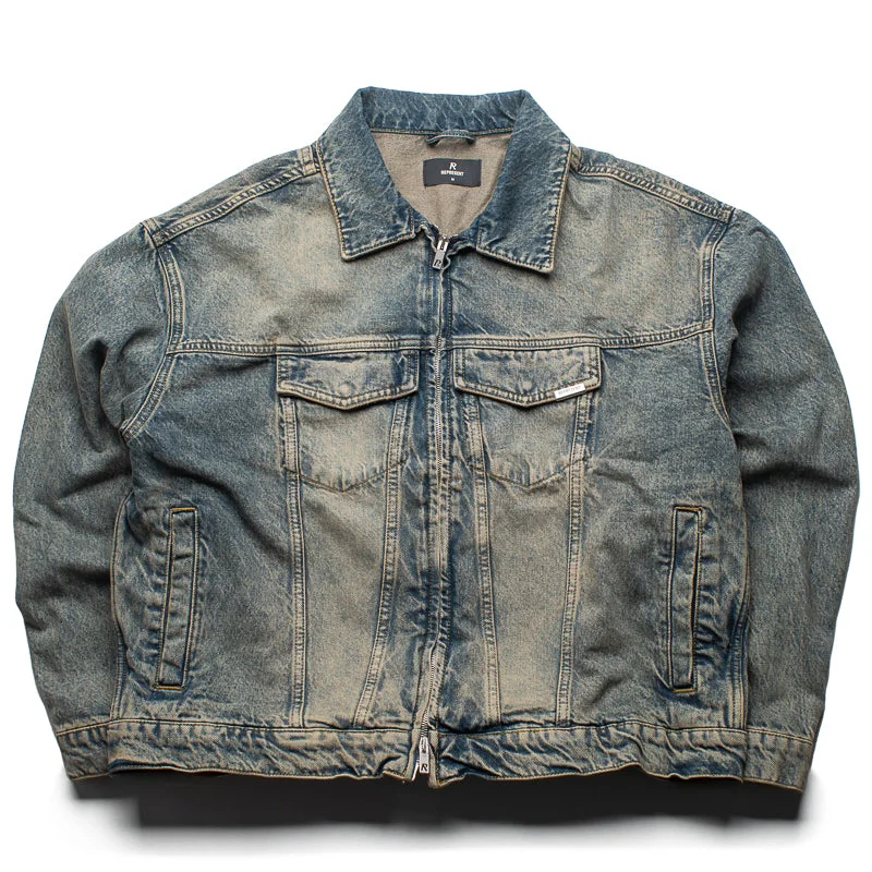 Represent R4 Denim Jacket - Blue/Cream Appliqued Jacket Beaded Jacket Sequined Jacket
