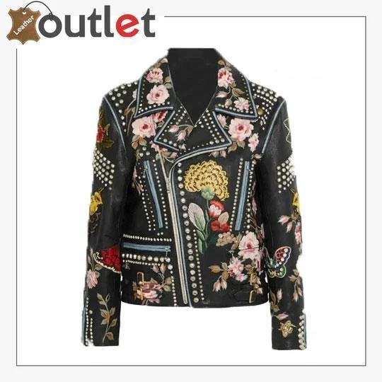 Rose Handpainted Silver Studded Biker Jacket Print Jacket Jacquard Jacket Patchwork Jacket
