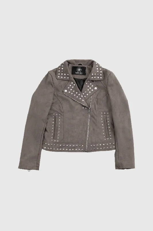 Sandy Women's Vegan Faux Leather Jacket (Gray) Herringbone Jacket Houndstooth Jacket Plaid Jacket