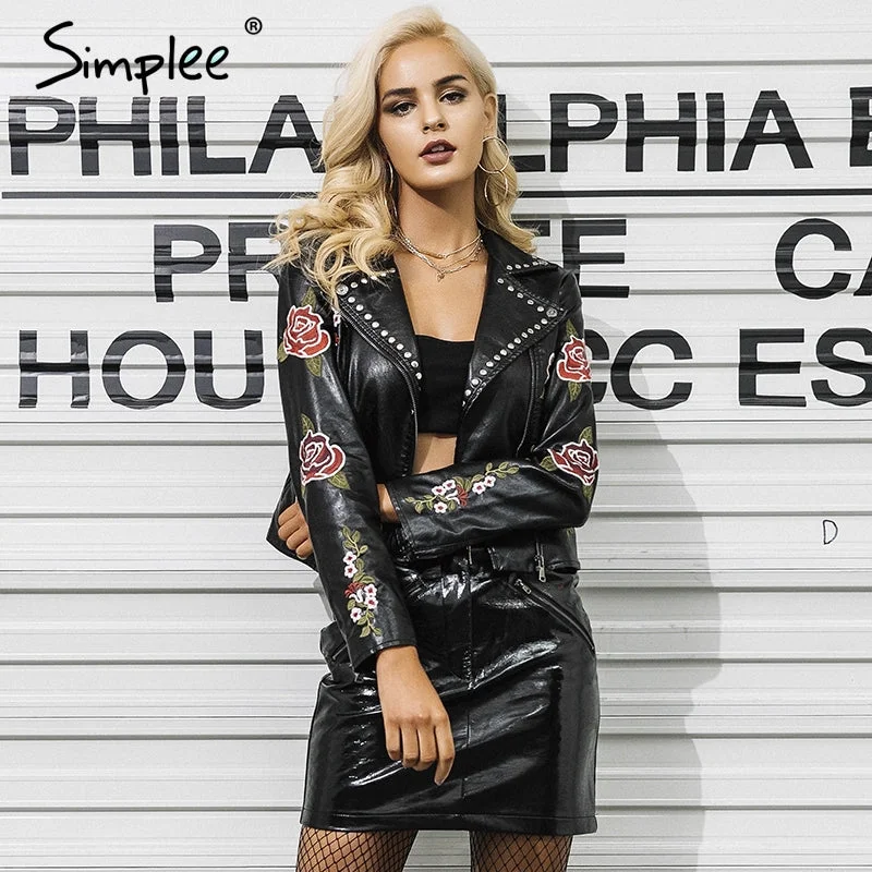 Simplee PU basic jacket coat faux leather coat Casual embroidery floral outerwear & coats Streetwear zipper leather jackat women Quilted Jacket Puffer Jacket Insulated Jacket