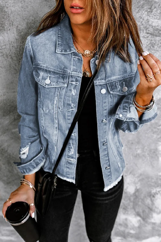 Sky Blue Lapel Distressed Raw Hem Buttons Denim Jacket Satin Jacket Silk Jacket Chiffon Jacket