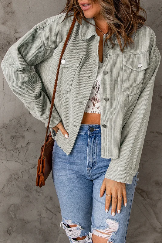 Sky Blue Raw Hem Flap Pockets Cropped Corduroy Jacket Fleece Fabric Down Fabric Feather Fabric