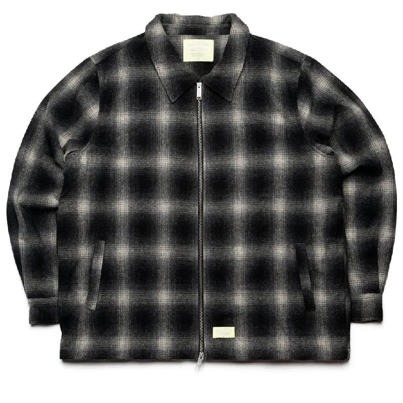 Supervsn Shadow Plaid Zip Work Jacket - White/Black Front Pockets Side Pockets Patch Pockets