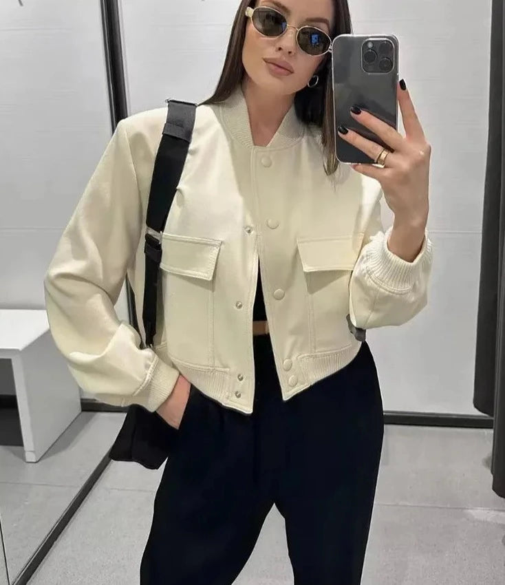 Getadme Women Fashion With Pockets Bomber Jacket Coats Vintage Long Sleeve Front Button Casual Female Outerwear Chic Tops Lace Jacket Ribbed Jacket Sequined Jacket
