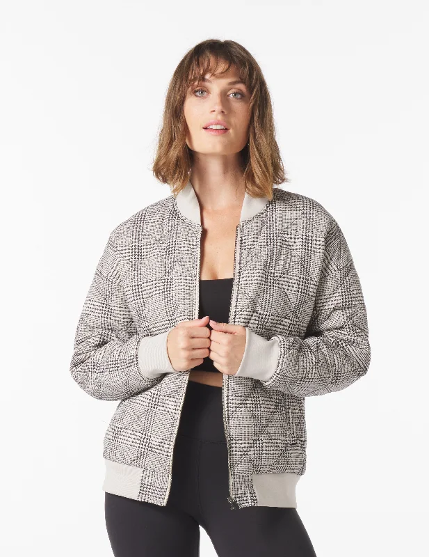 Varsity Jacket: Oatmilk/Black Glen Plaid Front Pockets Side Pockets Patch Pockets