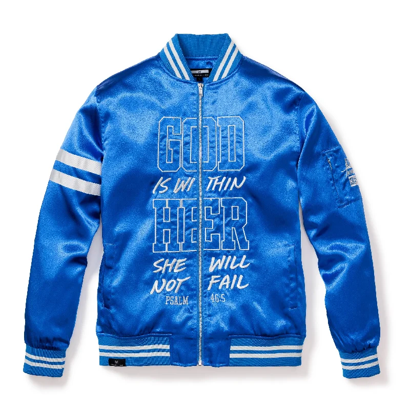 WITHIN HER - WOMEN'S BOMBER JACKET - ROYAL BLUE (Limited Edition) A-Line Jacket Boat Neck Shawl Collar WITHIN HER - WOMEN'S BOMBER JACKET - ROYAL BLUE (Limited Edition) A-Line Jacket Boat Neck Shawl Collar