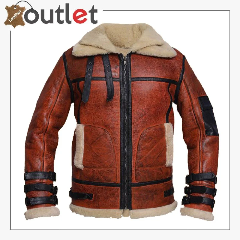 Women Distressed Brown Shearling Leather Jacket Snapped Jacket Toggled Jacket Drawstring Jacket