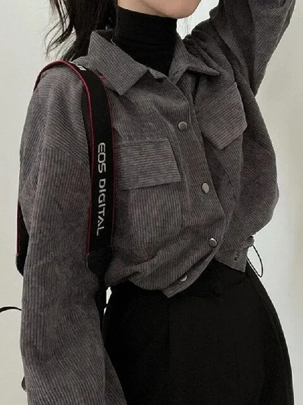 Getadme  1 Women Vintage Corduroy Cropped Jacket Korean Fashion Long Sleeve Drawstring Blouses Female Loose Single Breasted Coats Cardigan Mesh Jacket Canvas Jacket Denim Jacket