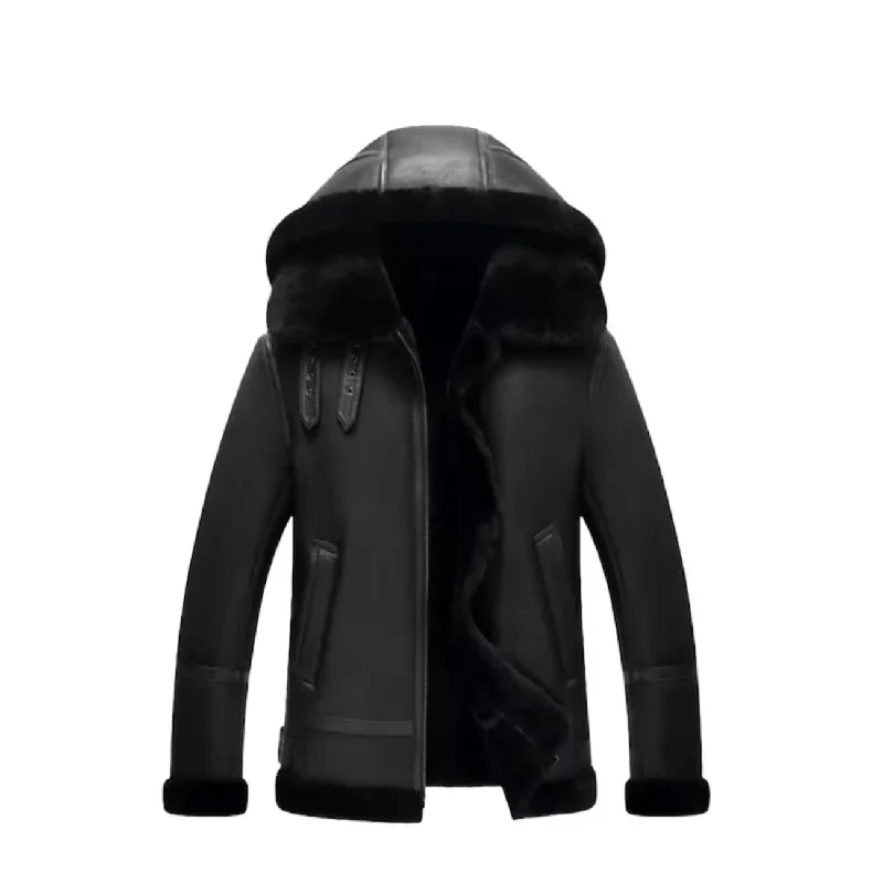 Women's Black Bomber B3 Hooded Aviator Leather Jacket Ribbed Jacket Pleated Jacket Ruffled Jacket