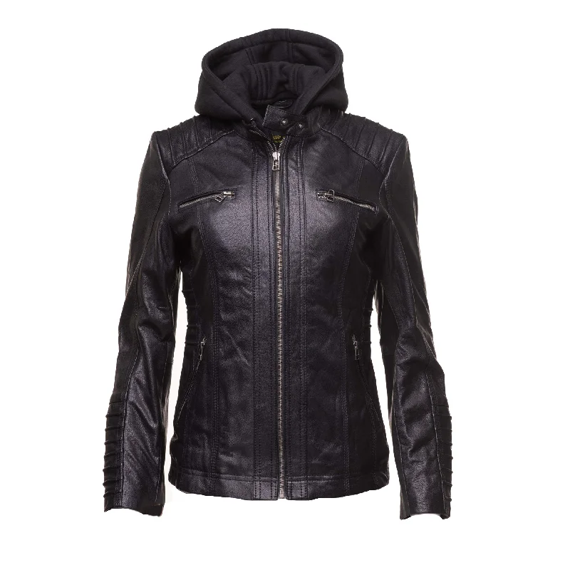 Women's black leather jacket with piping details Faux Fur Fabric Real Fur Fabric Shearling Fabric Women's black leather jacket with piping details Faux Fur Fabric Real Fur Fabric Shearling Fabric