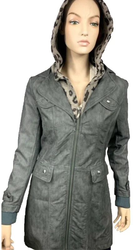 Women's Faux leather mid length jacket GRY - (BF20111) Front Pockets Side Pockets Patch Pockets