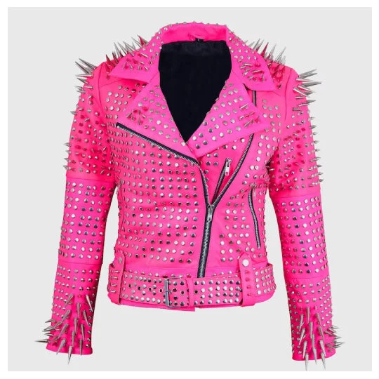 Women's Handmade Long Spiked Leather jacket Notch Collar Jacket Peter Pan Collar Jacket Cowl Neck Jacket