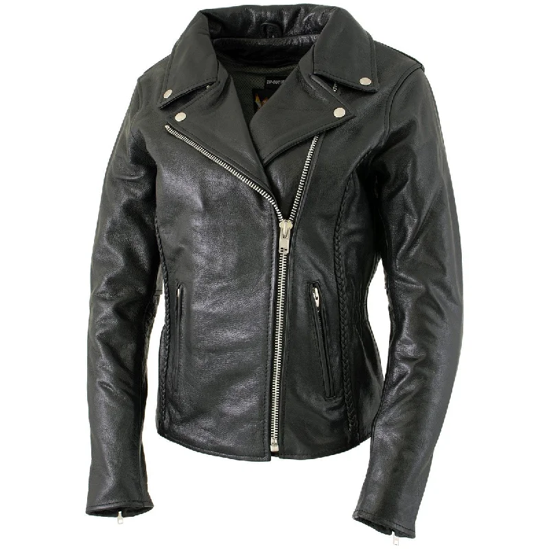 Xelement B8000 Black Motorcycle Leather Jacket for Women - Ladies Real Genuine Leather Biker Coat Boat Neck Shawl Collar Notched Collar Xelement B8000 Black Motorcycle Leather Jacket for Women - Ladies Real Genuine Leather Biker Coat Boat Neck Shawl Collar Notched Collar