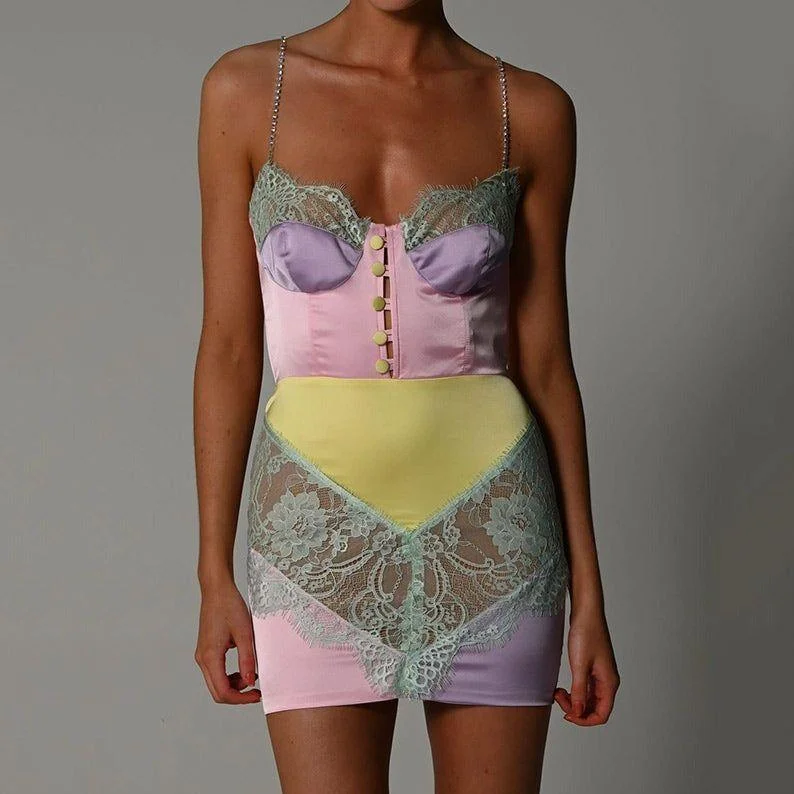 Bombshell Satin Lace Iridescent Crystal Strap Mini Dress Comfortable One-Shoulder Mini Dress