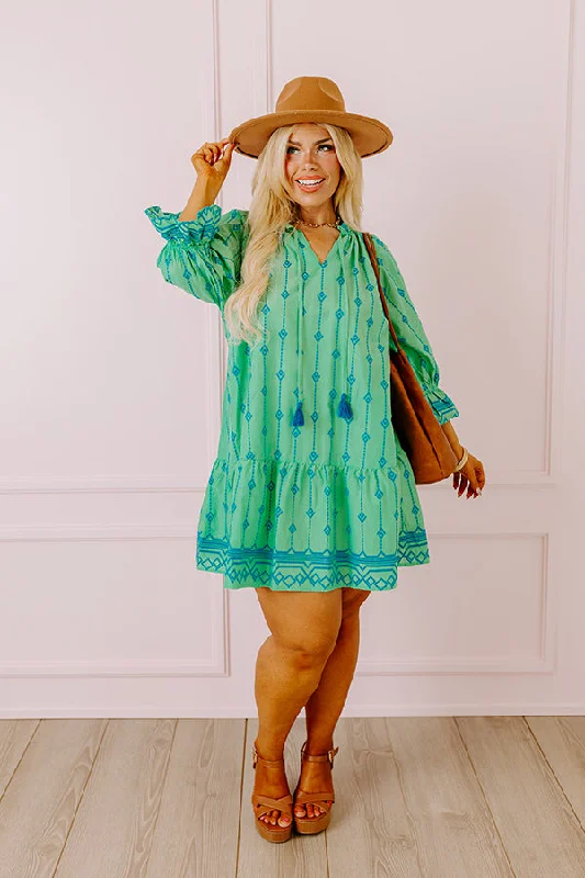 Charleston Stroll Embroidered Mini Dress in Kelly Green Curves Classic Shift Mini Dress