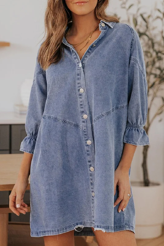 Collared Neck Flounce Sleeve Denim Mini Dress Fashionable Summer Mini Dress