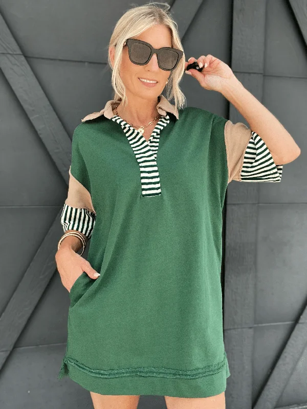Colorblock Mini Dress In Hunter Green Stylish Sweetheart Neck Mini Dress