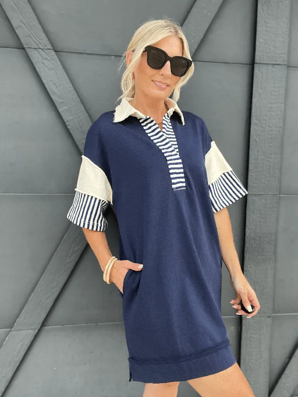 Colorblock Mini Dress In Navy Elegant Mini Dress with Pleats